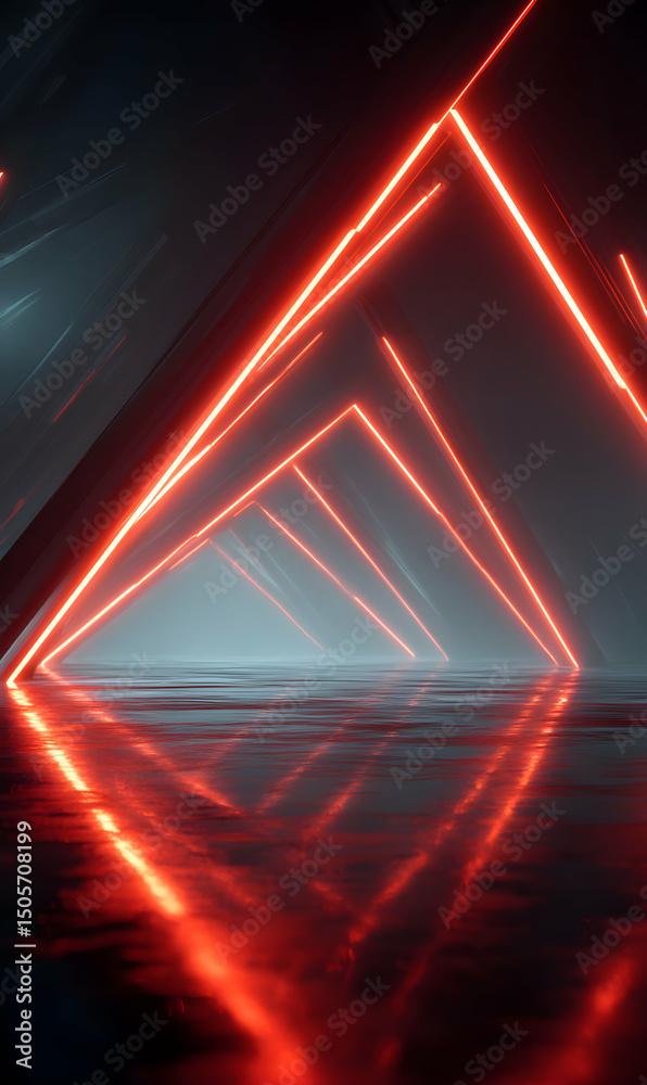 Poster abstract futuristic scene with glowing red neon triangles creates a dynamic tunnel effect leading in