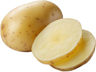 Fresh potato cut in half showcasing its creamy interior and skin texture against a simple background emphasizing its natural appeal Transparent background PNG