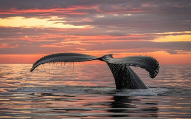  Majestic whale tail above ocean surface under fiery sunset with glowing sky reflections and rolling waves