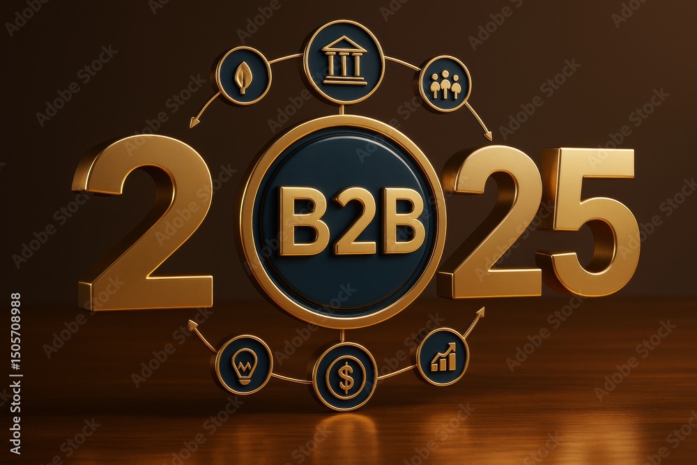Poster b2b 2025 business concept with golden 3d elements and strategy icons on wooden surface and dark back