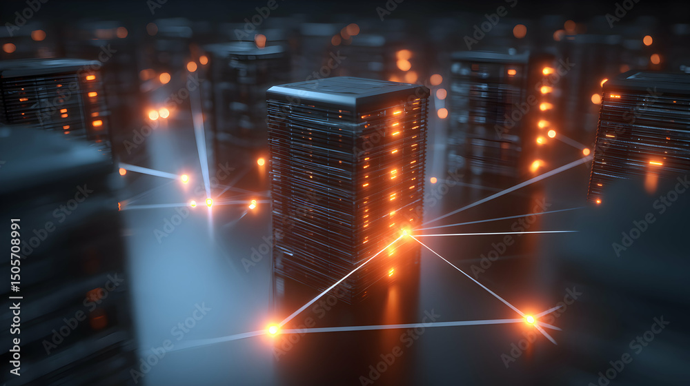 Poster abstract depiction of a futuristic data network connecting servers for optimal performance and stora