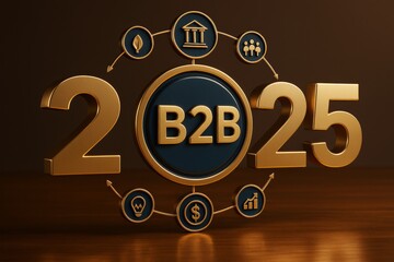 B2B 2025 business concept with golden 3D elements and strategy icons on wooden surface and dark background for future planning visualization.