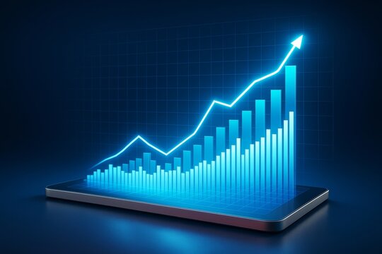 Glowing blue financial growth chart rising from tablet with light bars and line graph on dark abstract business background. Ai generative.