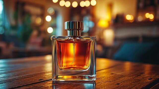 Amber perfume in a square glass bottle sits on a wooden table in a warm, dimly lit room