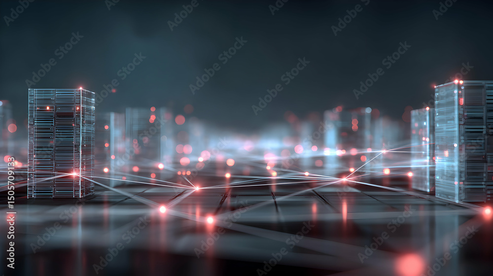 Poster futuristic network connecting data servers symbolizing global communication and digital infrastructu
