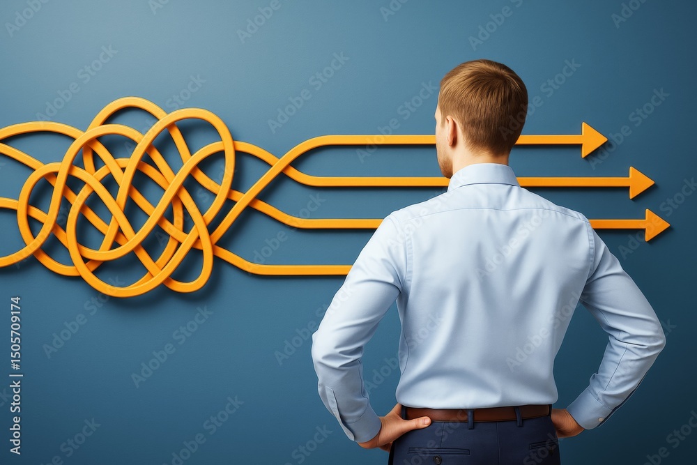 Poster businessman analyzing chaos turning into clear direction symbolized by tangled to straight arrows on