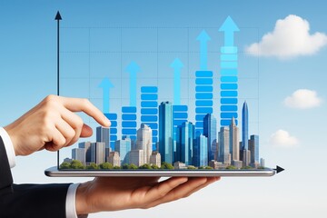 Businessman holding tablet with virtual city and growth chart bars symbolizing business success and urban economic expansion on blue background.