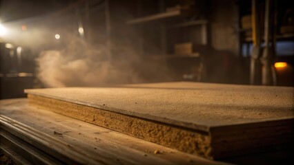 A close-up of a wooden plank resting on top of another plank, covered in sawdust in a dusty workshop