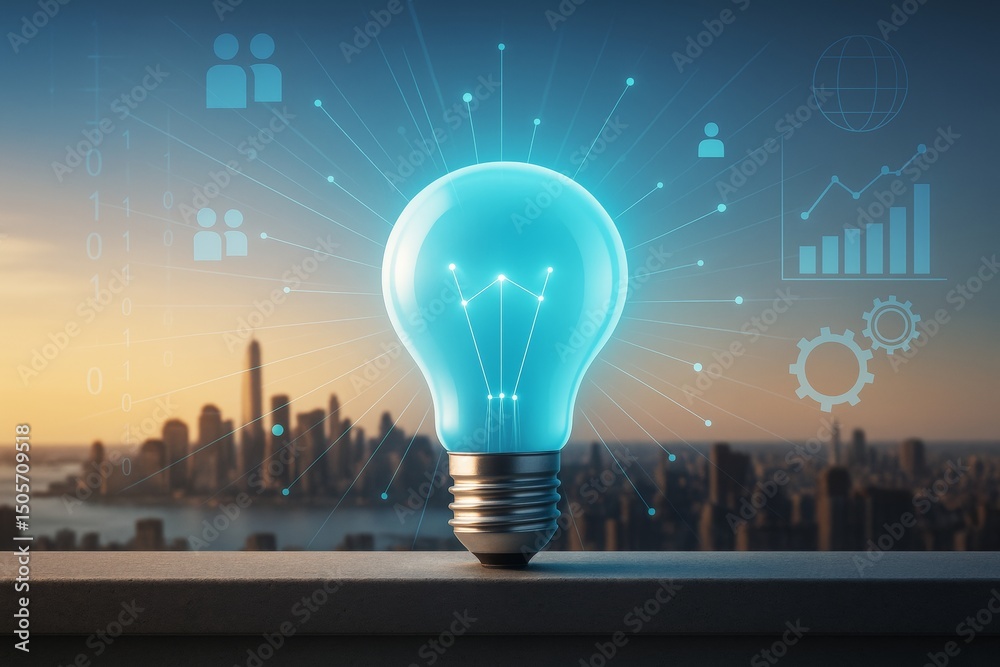 Poster glowing light bulb with digital business icons and graphs on city background at sunset representing 