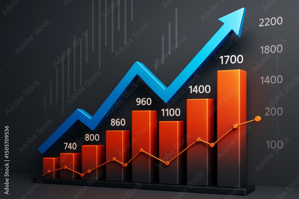 Poster business growth bar chart with rising trend arrow and light effects on dark background showcasing fi