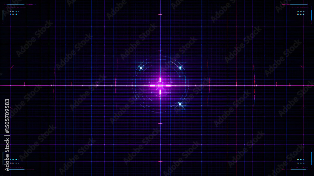 Poster futuristic graphical interface screen display with glowing purple grid and digital elements effect