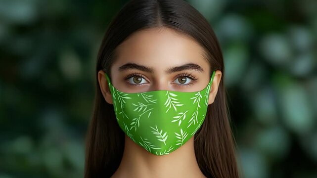 Woman Wearing Stylish Green Face Mask