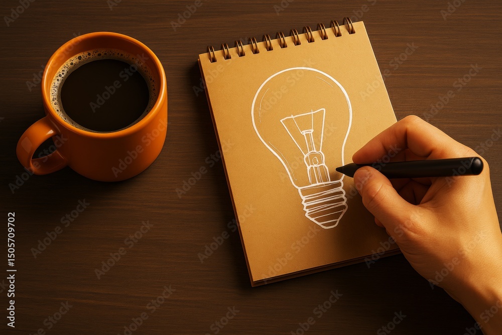 Poster creative sketch of light bulb idea on notepad beside coffee cup on wooden background symbolizing ins