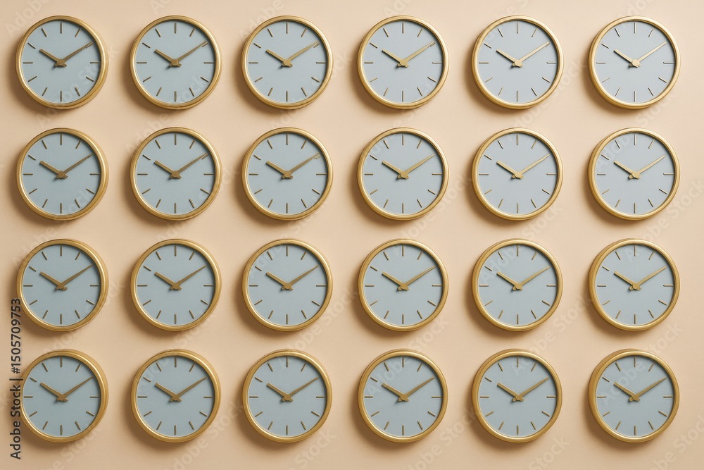Poster Multiple identical wall clocks arranged in grid pattern on soft beige background expressing concept of time and routine in business environment.