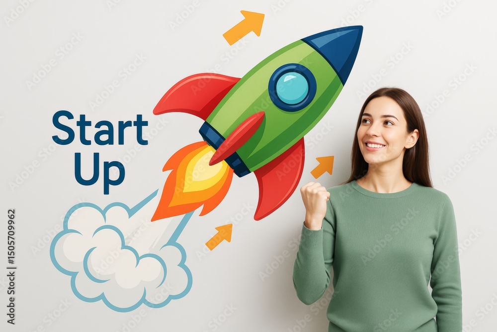Aufkleber woman celebrating startup success with colorful rocket illustration symbolizing business launch conc