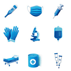 Medical things - thermometer, mask, syringe, gloves, microscope, bed, bandage, castiles - 9 vector watercolor illustrations.