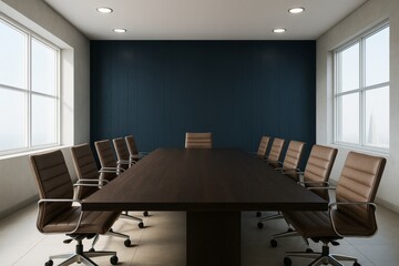 Modern business meeting room with leather chairs and wooden table in office interior with large windows and dark blue background wall.