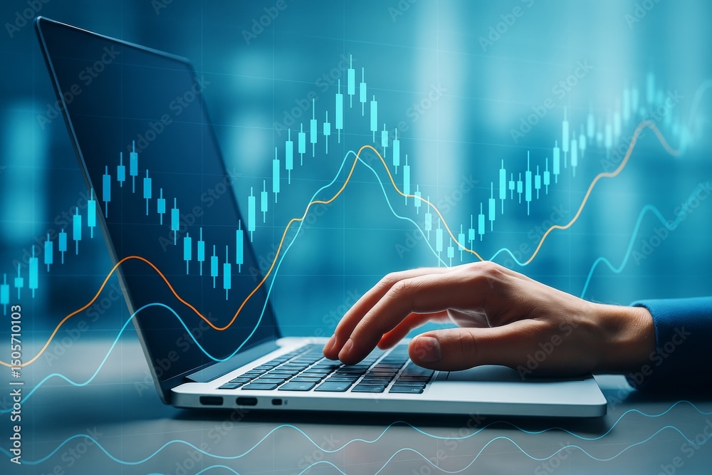 Poster business person analyzing stock market data on laptop with abstract financial graphs on light blue b