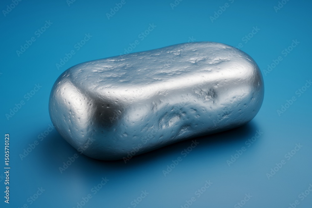 Aufkleber shiny metallic ingot with rounded edges and textured surface on blue background, symbolizing preciou
