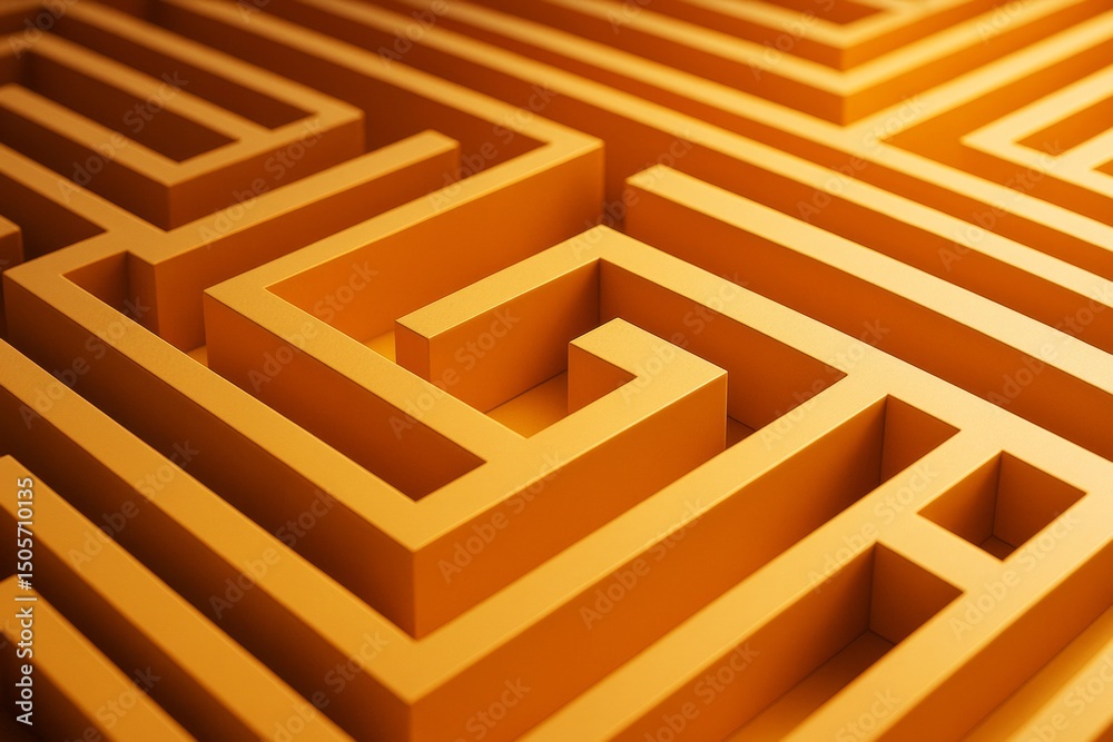 Poster Abstract orange labyrinth pattern with geometric shapes and depth on a smooth background for business or conceptual use.