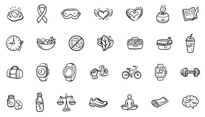Fototapeta premium Health and Wellness Doodle Icons Set – Self-care, Fitness, Nutrition, Mental Health