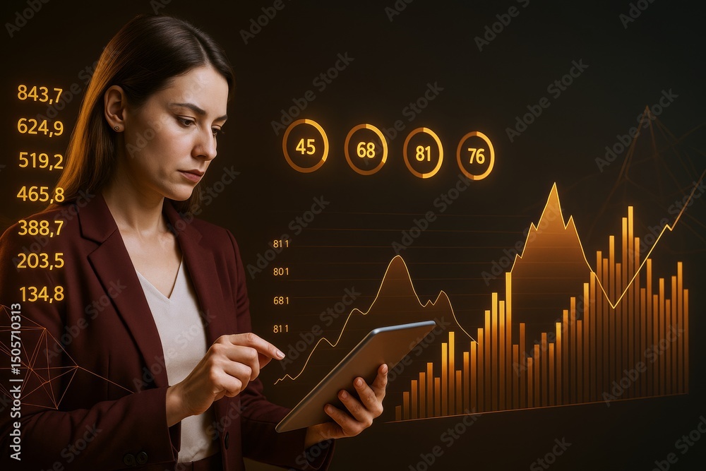 Poster businesswoman analyzing digital financial statistics on tablet with glowing abstract charts and data