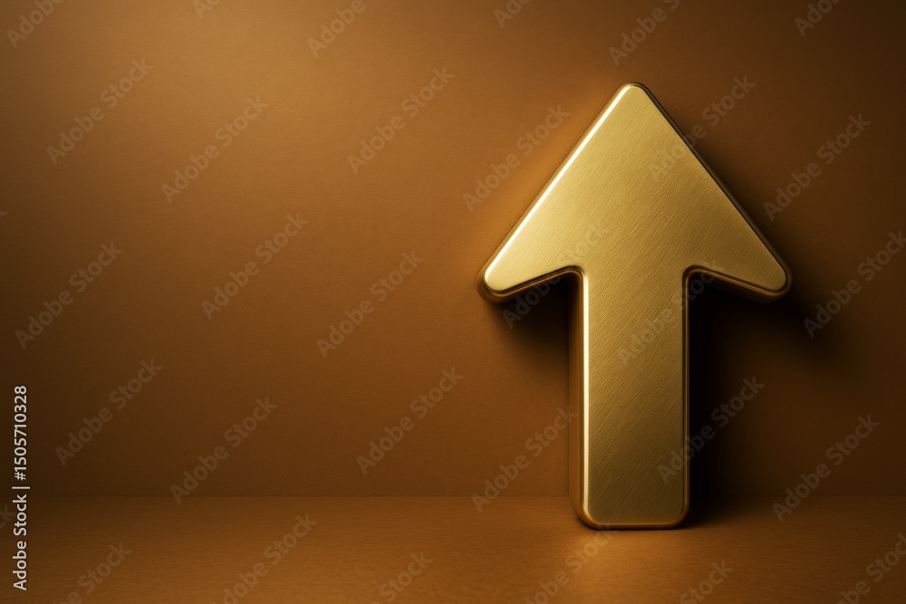 Poster golden metallic upward arrow symbol with soft light on warm brown background, representing success a