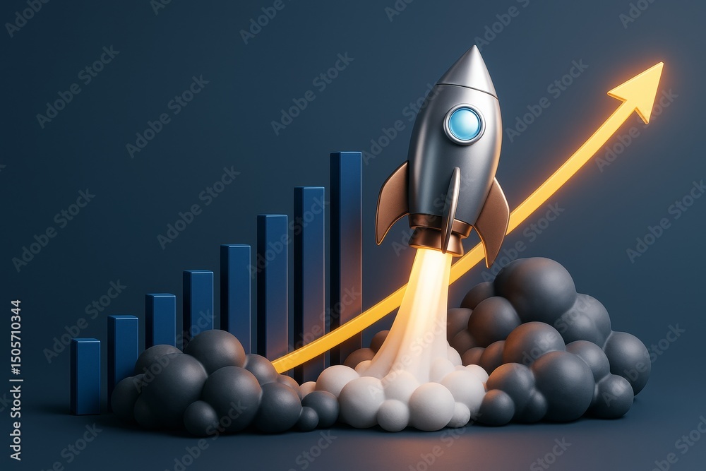 Poster rocket launching with glowing trail over bar chart, symbolizing business growth and innovation on da