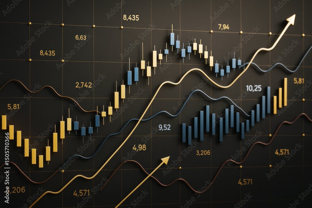 Poster Abstract business chart showing fluctuating bar and line graphs with numerical data trends on dark background in light gold and blue color scheme.