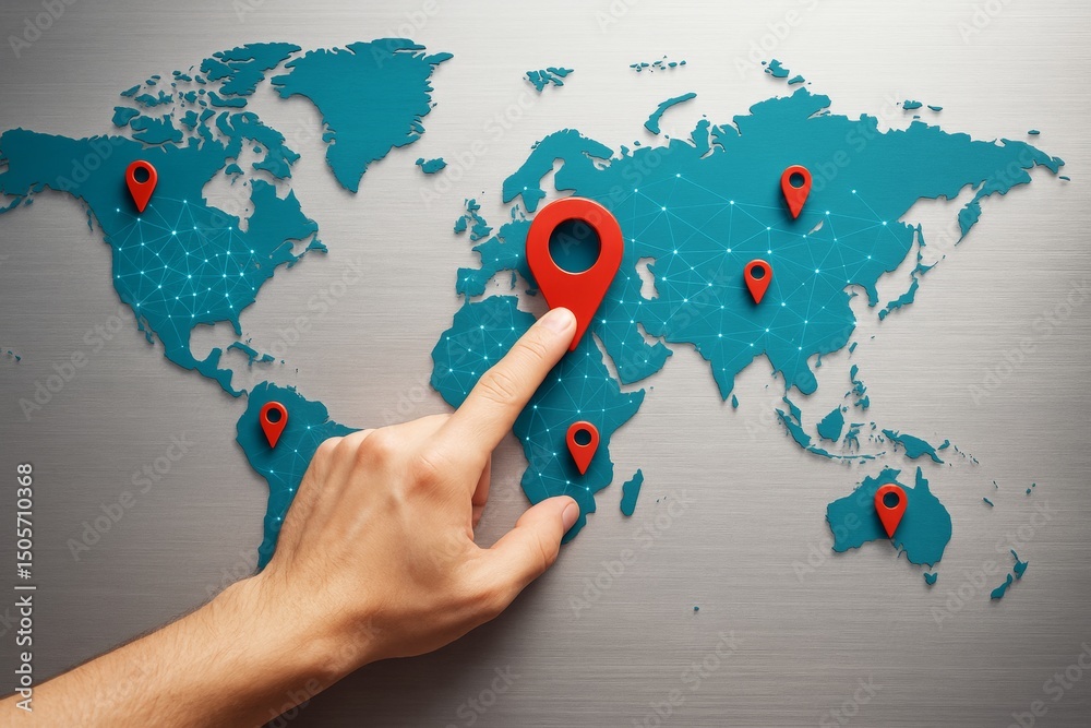 Aufkleber Hand pointing at red location pin on digital world map with connected network points on metal background for business global strategy concept.