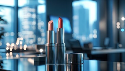 Two lipsticks, light pink and coral, on a mirrored surface, modern office background