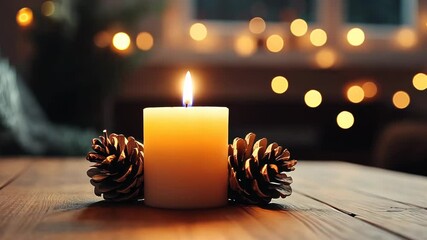 Lit candle with pine cones on wooden table, warm lights bokeh background - Powered by Adobe