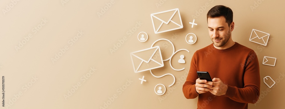 Poster Smiling man using smartphone with digital email icons on light brown background for communication, marketing, or business promotion concept.