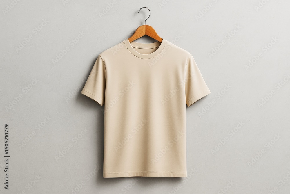 Poster beige t-shirt on hanger displayed against light grey wall background in clean minimalistic setting f