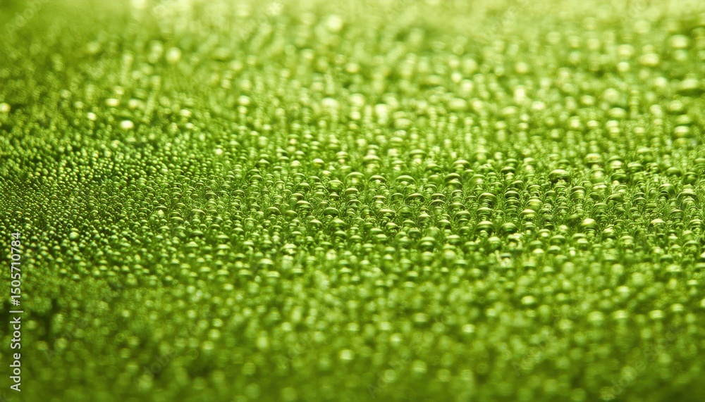 Poster macro close-up of green bubbles forming condensation pattern on glass surface for abstract background, web design, branding, texture fill, and eco friendly print media

