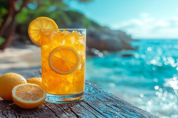 Glass of lemonade on a wooden beachside table, bright sunlight, tropical background blurred. Copy space