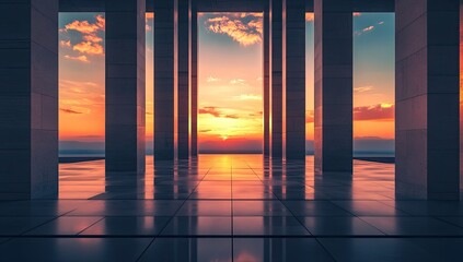 Fototapeta premium Sunrise through colonnade, sunset view