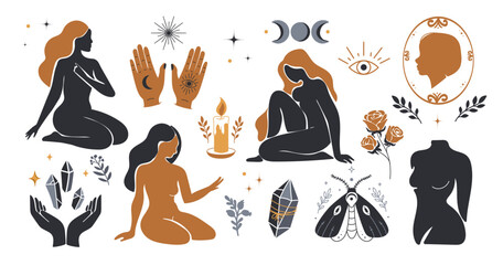 Boho mystical set with female silhouettes, magical hands, crystals, moons, candles, roses, and esoteric symbols Vector. Feminine Spiritual designs elements, posters, branding, fashion print, stickers