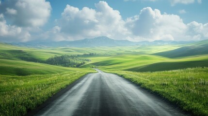 Fototapeta premium A stunning highland road surrounded by endless green meadows, background wallpaper AI generated image
