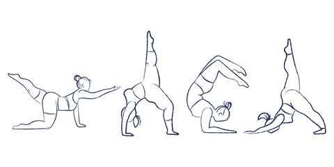 Vector Set of Yoga Positions with Curvy Female Figures. Minimalist line art vector set of women performing yoga poses with curvy body types.Health active lifestyle,branding, fitness content, posters © Ilonka eva