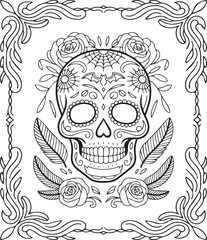 Fototapeta premium Halloween sugar skull with flower ornament decorative black line art illustration coloring page for adults 