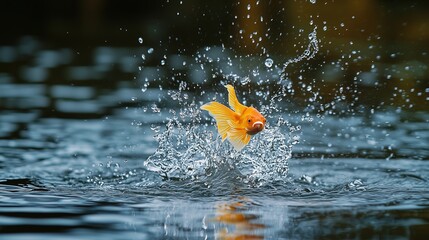 Fototapeta premium Goldfish in mid-air leap, vibrant orange scales, dynamic motion, clean blue water backdrop. Energy and freedom in nature's flow.