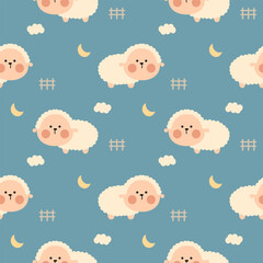 Sheep fat cartoon so cute. On moon cloud fence background. Pattern seamless vector illustration. 