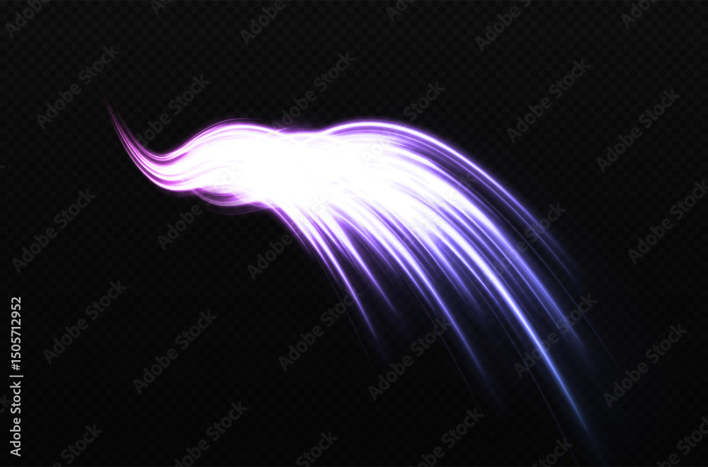 Wall mural glowing curved light trail with magical swirl effect. sparkling comet motion and high-speed lines on