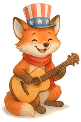 Fototapeta premium Cute Fox with Guitar and Patriotic Hat Artwork