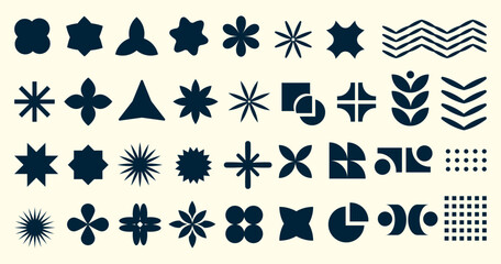 Abstract brutalist geometric shapes set with retro minimalist stars, flowers, circles, and design elements in modern graphic style.Trendy Brutalist Graphic Elements Icons Set. Vector