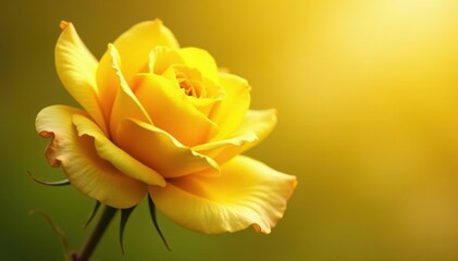 Fototapeta premium Close-up of single yellow rose with delicate thorns, against a warm and sunny background, with subtle texture and depth effects , bloom, rose details