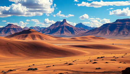 Naklejka premium Serene Desert Landscape with Rolling Dunes and Distant Mountains Under a Cloudy Sky