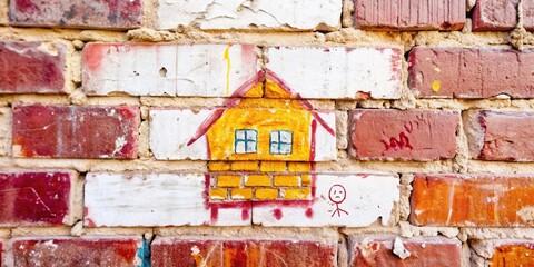 A simple drawing of a house and a stick figure on a weathered brick wall, a testament to the enduring power of childhood imagination