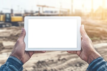 Construction Worker Holding Tablet with Blank Screen on Site